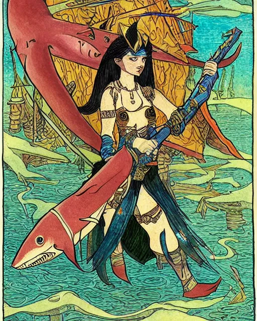 Image similar to a shark pirate queen with iridescent skin color, holding melee weapons by ivan bilibin