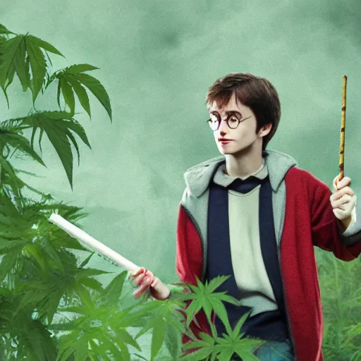 Image similar to harry potter holding a joint as his wand and smoking weed and surrounded by green dense weed kush plants, smoke in front, smoke behind, smoke background, red eyes, smoking weed, hyper detailed, cinematic lighting, studio quality, smooth render,