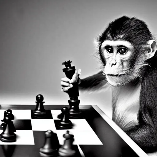 Image similar to black and white portrait photo of a monkey eating a chess piece by annie liebovitz,