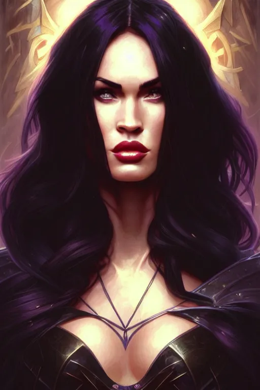 Image similar to portrait of megan fox as liliana vess, magic the gathering, intricate, headshot, highly detailed, digital painting, artstation, concept art, sharp focus, cinematic lighting, illustration, art by artgerm and greg rutkowski, alphonse mucha, cgsociety