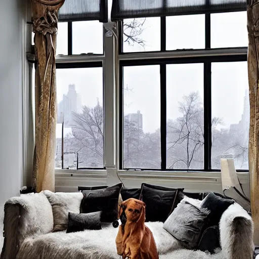 Prompt: overlooking central park in a blizzard from a modern loft at midnight, designed by peter bowden, woman gazing outward at night with a beagle sleeping next to her, warm interiors, cold snow outside, large glass windows, fire place roaring, bear rug, art on walls