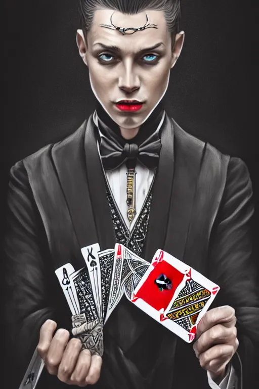 Image similar to modern street magician holding playing cards, realistic, modern, intricate, elegant, highly detailed, digital painting, artstation, concept art, addiction, chains, smooth, sharp focus, illustration, art by ilja repin
