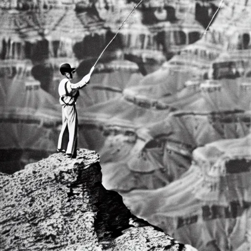 Prompt: man walking a tightrope between grand canyon vintage photo