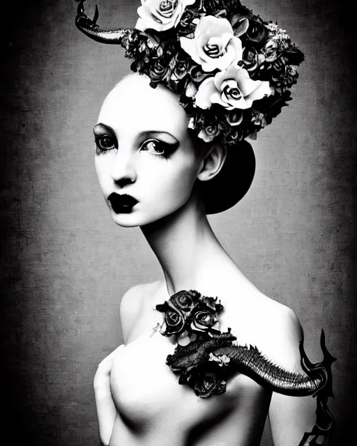 Image similar to a black and white high quality dreamy photo of a young beautiful female queen-pale dragon-vegetal-many big steampunk flowers-cyborg bust with a very long neck, elegant, highly detailed, poetic, soft, dreamy, mysterious, high fashion, rim light, in the style of Ellen von Unwerth, Realistic, Refined, Digital Art, Highly Detailed, Cinematic Lighting, rim light, black and white, photo-realistic, 8K