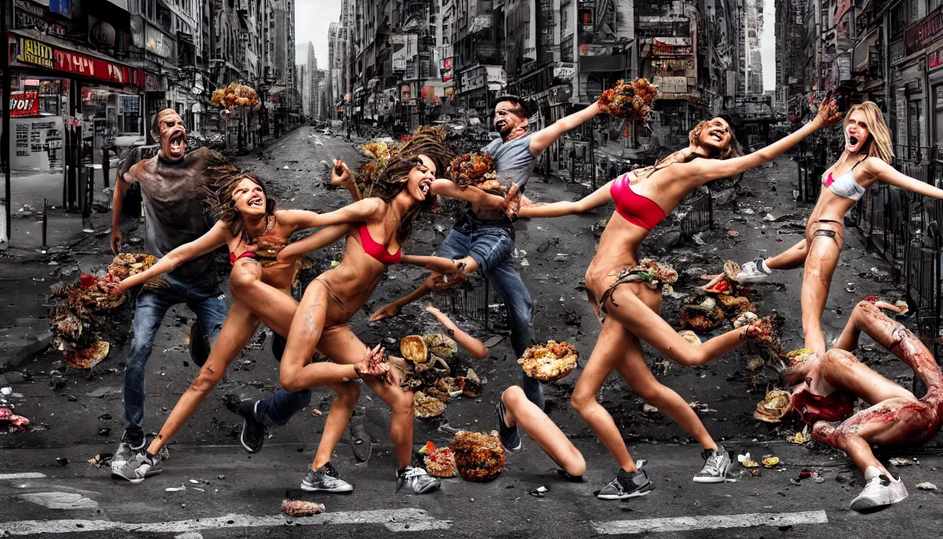 Prompt: in a dirty city street disheveled male and female supermodels fight, sweating laughing, over piles half eaten rotting fast food, money thrown and floats in the air, hyper realistic photo, full colour, upscale, 8 k, masterpiece,