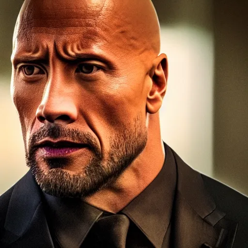 Prompt: a close up cinematic still of Dwayne Johnson in John Wick