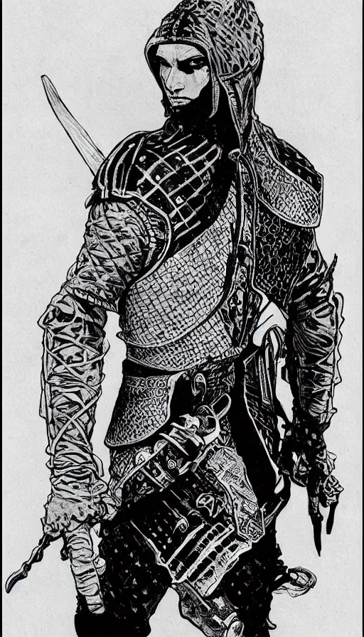 Image similar to a black and white ink fine ink drawing of a thief, from of thrones, in leather armor, fibonacci, sweat drops, intricate fashion clothing, concept art, smooth, sharp focus, portrait, illustration, art by alphonse mucha and travis charest