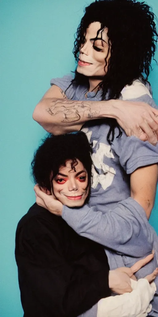 Image similar to michael jackson hugging an alien with pete davidson, in focus, blured background, high detail, sharp, film photography, direct flash, kodak portra 4 0 0,