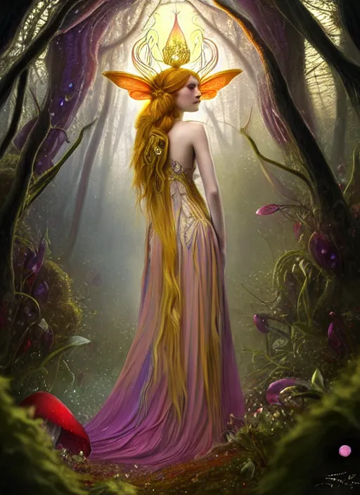 Image similar to stunningly beautiful female faerie priestess in amanita muscaria forest landscape, symmetrical wings on back, neon hair, fantasy art, wearing a dress of gossamer gold, inner glow, illustration, dramatic lighting, soft details, painting, art nouveau, octane render, 8 k, hd, by edmund blair leighton, brom, charlie bowater, faces by otto schmidt