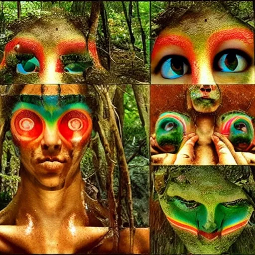 Image similar to gods in forest, three eyed, wide shot, feet in water, vivid colors, foreheads with eyes, ground very detailed, wet eyes reflecting into eyes reflecting into infinity, natural lighting