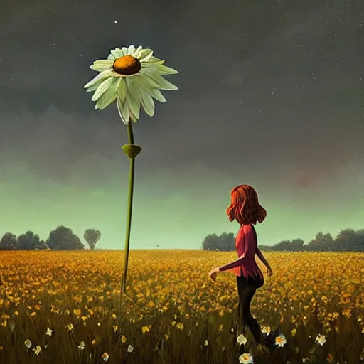 Image similar to giant daisy flower as a head, girl walking in flower field, surreal photography, night moon light, dramatic, impressionist painting, clouds, digital painting, artstation, simon stalenhag