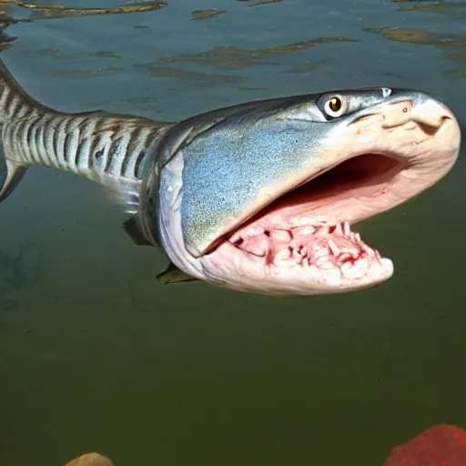 Prompt: i dreamt of a barracuda with human flesh in my backyard