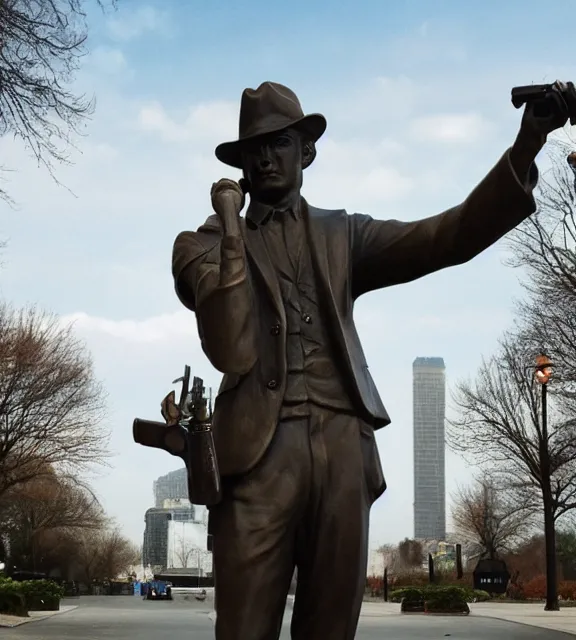 Image similar to a 4 k photorealistic photo medium shot of a bronze statue of a man wearing a fedora holding one revolver in each hand.