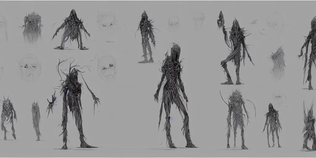 Prompt: lost puppet of fear design, character sheet, Moebius, Greg Rutkowski, Zabrocki, Karlkka, Jayison Devadas, Phuoc Quan, trending on Artstation, 8K, ultra wide angle, zenith view, pincushion lens effect