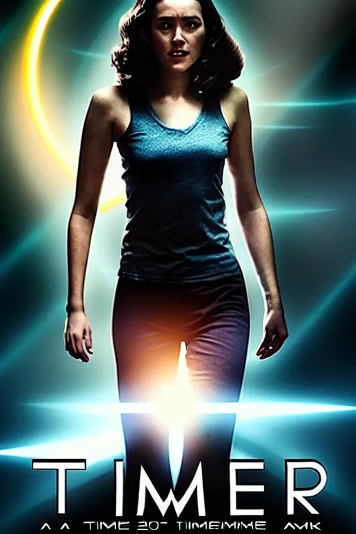 Image similar to a movie poster of the sci - fi movie time runner ( 2 0 1 8 ), starring a black haired woman in a tank top, very detailed face, robots, clouds, mystery