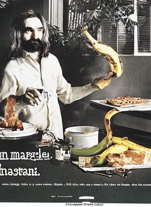 Image similar to vintage home barbecue advertisement depicting charles manson slipping on a banana peel