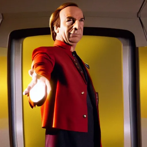 Image similar to saul goodman dressed as a star trek character, tv still, 4k,