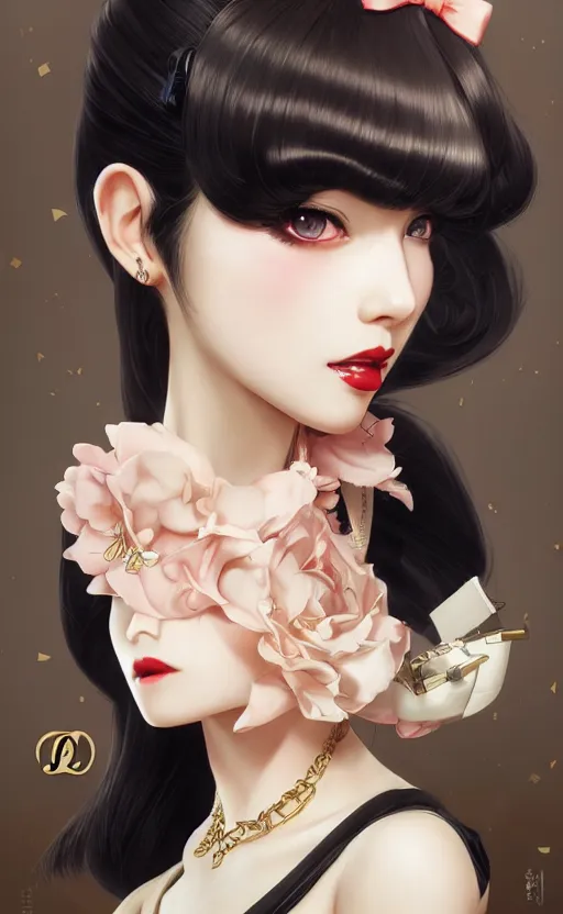 Image similar to a pin up and beautiful fashion and charming and dreamlke japan girl with lv jewelry, character art, art by artgerm lau and kyoung hwan kim and and ilya kuvshinov and john singer sargent, hyperdetailed, 8 k realistic, symmetrical, frostbite 3 engine, cryengine, dof, trending on artstation, digital art