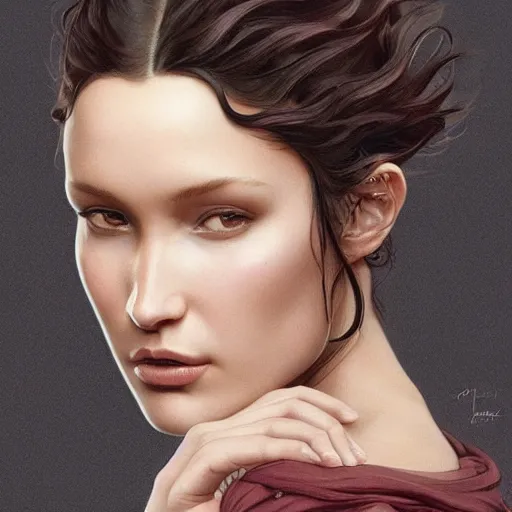 Image similar to ultra realistic illustration, bella hadid wearing a curly english mustache, intricate, elegant, highly detailed, digital painting, artstation, concept art, smooth, sharp focus, illustration, art by artgerm and greg rutkowski and alphonse mucha