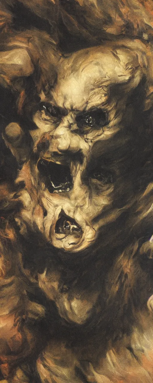 Prompt: a detail of a panting by francisco goya and ernst fuchs, angry face, war, fire, dark stone, explosions, 8 k, trending on artstation.