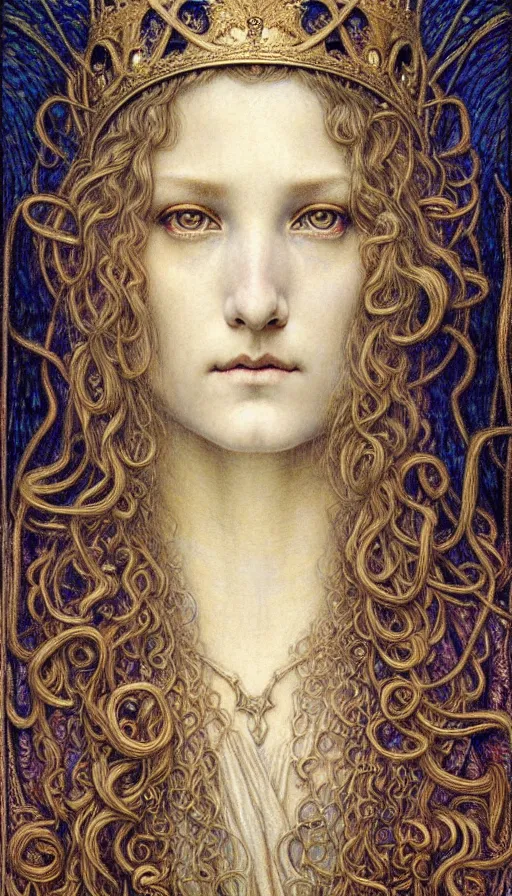 Image similar to detailed realistic beautiful young medieval queen face portrait by jean delville, gustave dore and marco mazzoni, art nouveau, symbolist, visionary, gothic, pre - raphaelite. horizontal symmetry