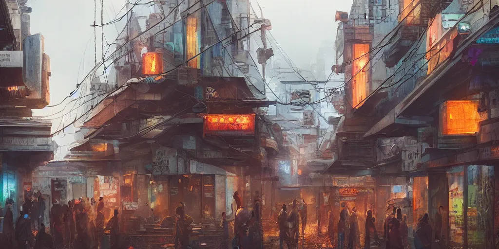 Prompt: indian style, small building, city, street, science fiction, cyberpunk, rain day, wide angle, full of people, moon, a lot of lights, cinematic lighting, high detail, digital painting, concept art, illustration, smooth, sharp focus, trending on artstation, trending on deviantart, 4 k