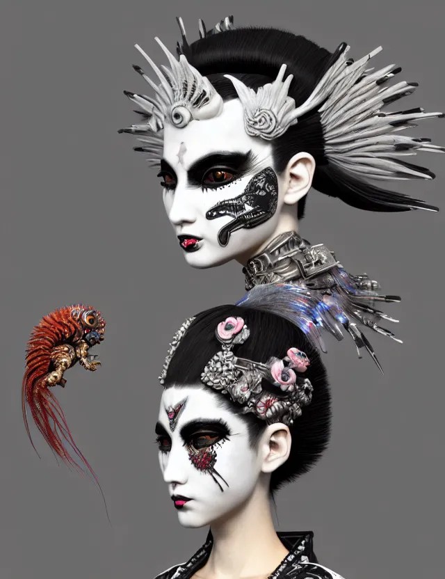 Image similar to 3 d goddess close - up profile portrait punk with mohawk in victorian style with ram skull. beautiful intricately detailed japanese crow kitsune mask and clasical japanese kimono. betta fish, jellyfish phoenix, bio luminescent, plasma, ice, water, wind, creature, artwork by tooth wu and wlop and beeple and greg rutkowski