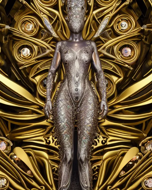 Image similar to a highly detailed metahuman 4 k close up render of an alien goddess bella hadid monument tiger in iris van herpen dress schiaparelli in diamonds crystals swarovski and jewelry iridescent in style of alphonse mucha gustav klimt trending on artstation made in unreal engine 4