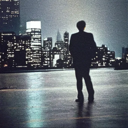 Image similar to “ nick stahl as an undercover cop walking in the rain at night in queens in the 1 9 9 0 s with the new york skyline in the distance. ”