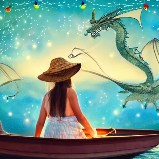 Image similar to digital art girl in straw hat with dragon tatoo with lights traveling around swamp in boat