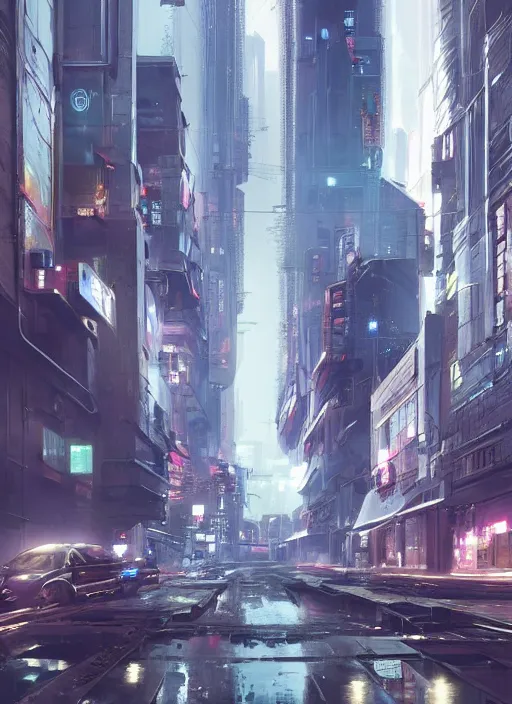 Prompt: a city street filled with lots of tall buildings, cyberpunk art by senior environment artist, trending on cgsociety, panfuturism, concept art, reimagined by industrial light and magic, dystopian art