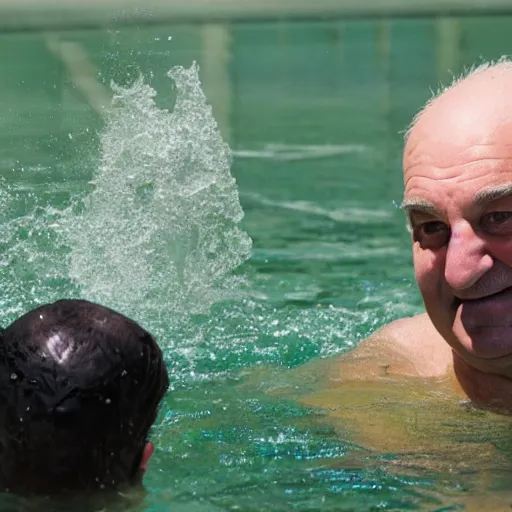 Image similar to mid white hair old man with green shirt and white short, jumping in the water with kevin o'leary