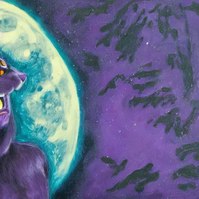 Image similar to closeup of a purple panther roaring at the moon in the forest. night. large moon in the center. cinematic. oil painting. concept art