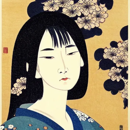 Image similar to woman portrait by ikenaga yasunari and ayana otake and ko rakusui, 6 0 s poster, drawing, realistic, sharp focus, japanese, dreamy, nostalgia, faded, golden hues, floral clothes