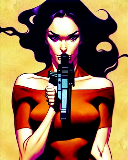 Image similar to artgerm, joshua middleton comic cover art, full body pretty megan fox holding a shotgun, red dress, symmetrical eyes, symmetrical face, long curly black hair, dark city background, cinematic lighting