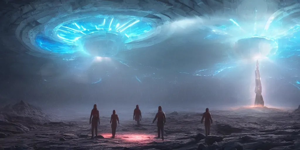 Prompt: ancient alien portal, crowd of androids, beams of light from sky, wormhole, matte painting, dreamscape, digital rain, stars, global illumination, the great beyond, trending on artstation