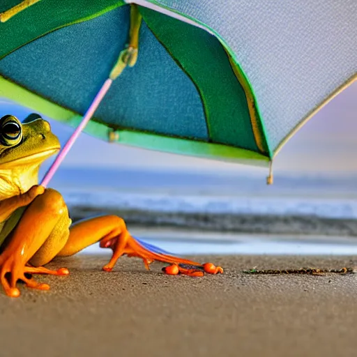 Image similar to frog sitting on the beach with an umbrella next to him, watching a beautiful sunrise, photograph