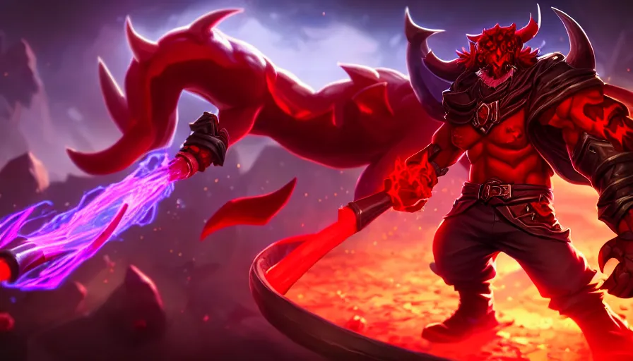 Image similar to league of legends champion splash art of a crimson demonic horned cowboy using a bullwhip with eyes, 8 k digital art, d & d, trending on artstation