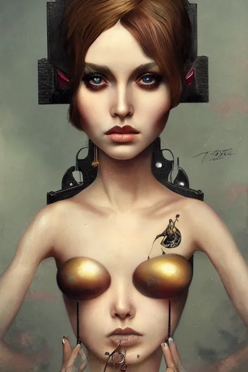 Prompt: Atompunk portrait of a beautiful female dollpunk with thin lustrous hair wearing a full bodysuit, focus, detailed, realistic eyes, symmetric body features proportions, intricate details, award winning, by Tom Bagshaw