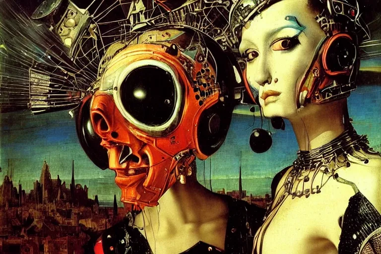 Prompt: close up portrait of a punk goth alien martian girl in a cyberpunk futuristic night club by ellen von unwerth, oil painting by canaletto hieronymus bosh leonardo da vinci piero della francesca botticelli