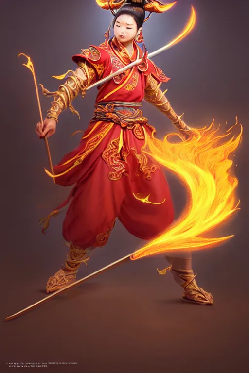 Image similar to cute nezha, highly detailed, man holding spear, flame everywhere, epic pose, masterpiece chinese fantasy character portrait, highly detailed, digital painting, trending on artstation, concept art, sharp focus, illustration, global illumination, ray tracing, realistic shaded, art by artgerm and greg rutkowski and fuji choko and viktoria gavrilenko and hoang lap