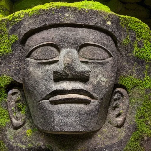 Image similar to photograph of an imposing olmec head carved into a mossy stone wall with ornate incan patterns