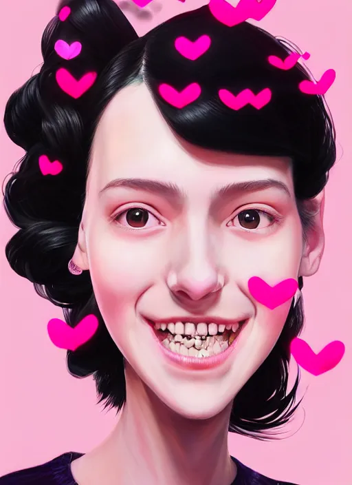 Image similar to portrait of high school girl, realistic, black hair, bangs, half updo hairstyle, pointy nose, skinny, smile, ugly, defined jawline, big chin, pink hair bow, earrings, intricate, elegant, glowing lights, highly detailed, digital painting, artstation, sharp focus, illustration, art by wlop, mars ravelo and greg rutkowski