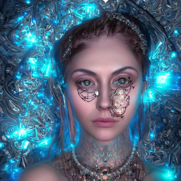 Prompt: a mechanical euphoric realistic goddess staring into the camera in a photo shoot with holographic eyes, braided hair, jewelry, tattoos, the entire image is covered in a fractal designs and Mandelbrot bursts with cinematic lighting, unreal engine, trending on artstation, hyper realistic, surrealist, perfect symmetry, visionary art, inspiring