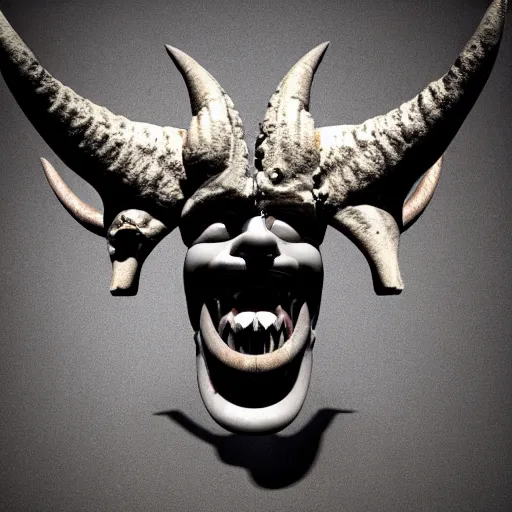 Image similar to Photo taken in the 2000's of a smiling demon with four horns and four wings, photorealistic, film still, desolate, terrifying, weird, strange, odd, uncanny, hyper realism, highly detailed, photorealism, smooth gradients, high contrast, photorealistic