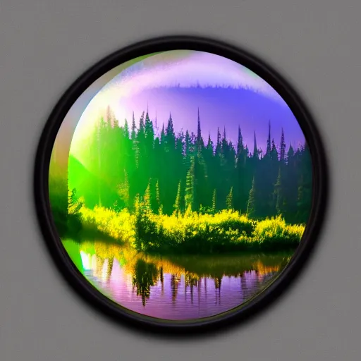 Image similar to rainbow neon sign half circle in water reflected on lake, misty mountains surrounded by beautiful forest, sunny summertime sunlit daylight, hdr, 4 k, award winning photography, volumetric lighting, artstation