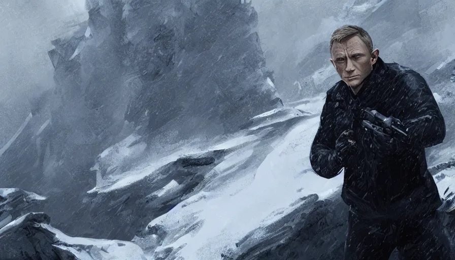 Image similar to concept art of the next james bond film featuring daniel craig in the style of cedric peyravernay, snowy landscapes, extremely detailed