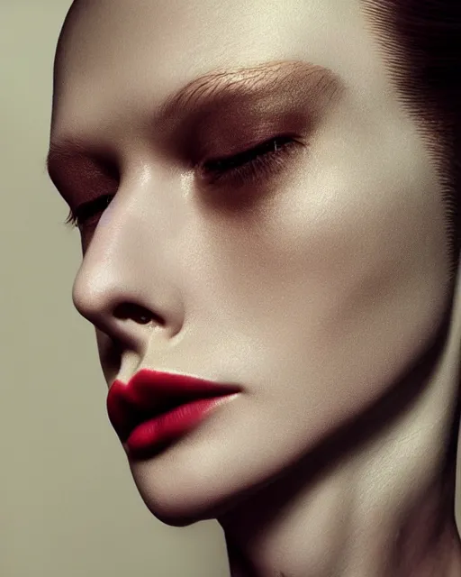 Image similar to woman, thin long nose, medium lips, wheat hair, close - up, high sharpness, zeiss lens, fashionable bruno dayan, erik madigan heck, helmut, karl lagerfel, artistic, hyper - realistic, beautiful face, octane rendering