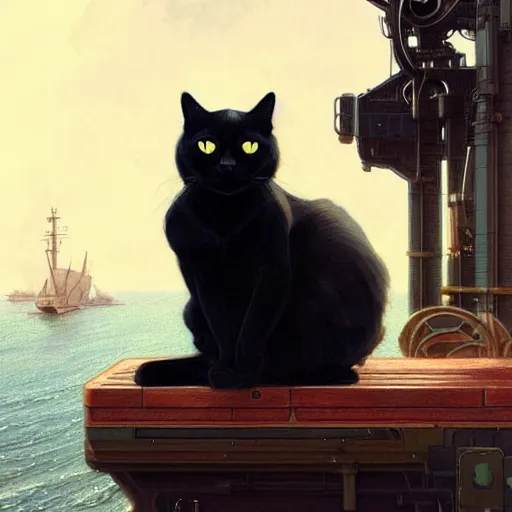 Image similar to beautiful black cat sitting on ship deck, naval background, fantasy, highly detailed, digital painting, artstation, concept art, smooth, sharp focus, illustration, art by artgerm and greg rutkowski and alphonse mucha