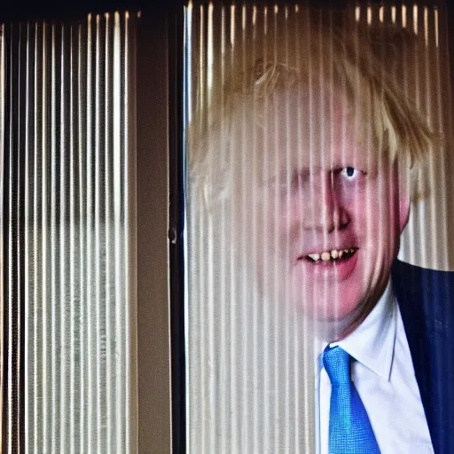 Image similar to a photo taken from the inside of an old house showing window blinds being pulled back to reveal a terrifying boris johnson with his face pressed against the window, boris ’ hand placed on the window, horrifying grin. horror, raining, night time